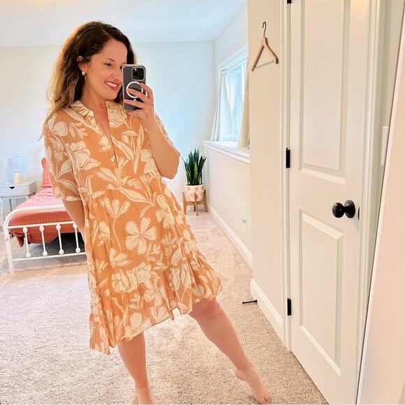 Robert Friedman Tan Neutral Floral Linen Mini Dress Large - Picture 1 of 11